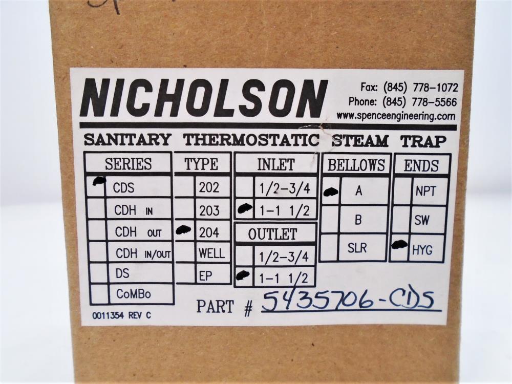 Nicholson 1"- 1 1/2" Sanitary Thermostatic Steam Trap, Type 204, Part 5435706